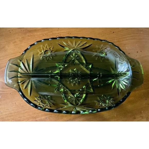 Serving Dish Green Divided Vintage Relish Glass Star Cut  Design - Picture 2 of 7
